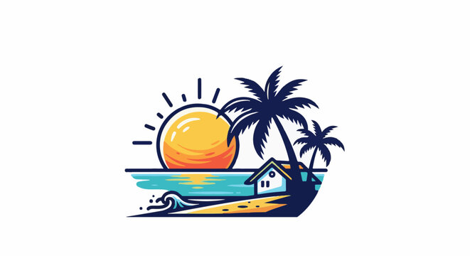 Tropical beach scene with sun, ocean, palms, house, and waves