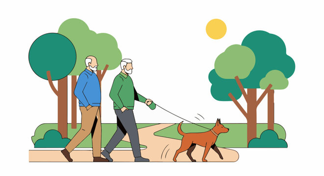 Two elderly men walk their dog on a sunny day in a park