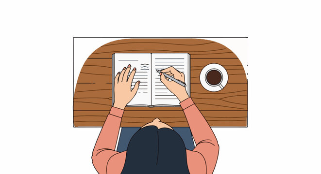 Top view of person writing in notebook at wooden table with coffee