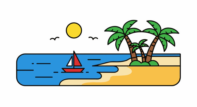 Tropical paradise with sailboat and palm trees under a sunny sky