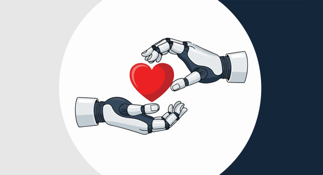 Two robot hands exchange a red heart in a digital art illustration