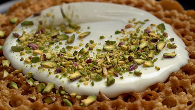 Ghevar, A thick layer of creamy white Rabri being spread smoothly over a golden-brown crispy Ghevar, topped with emerald green pistachios