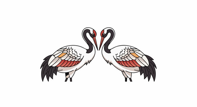 Two white and black crested cranes with red accents stand facing each other