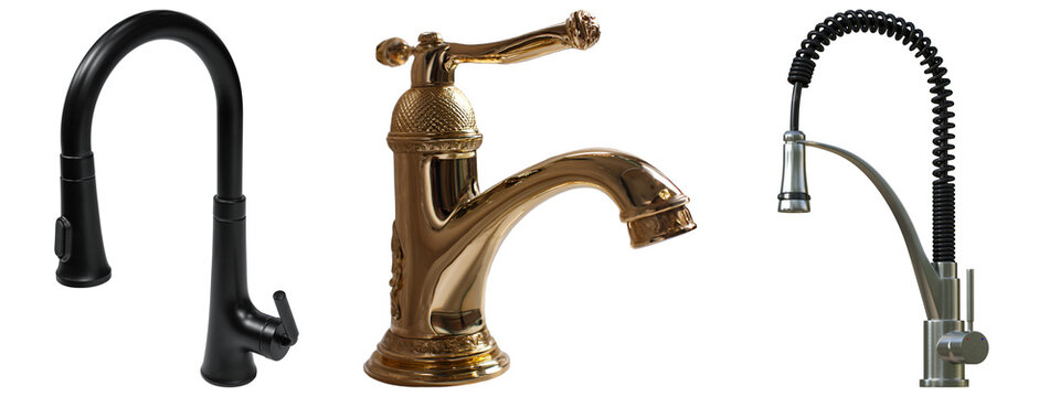 Three different kitchen faucets isolated on a white background