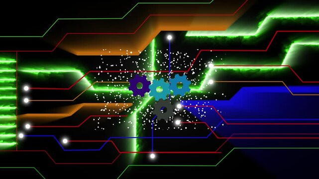 Abstract digital circuit board with glowing neon gears. Abstract digital circuit board industrial technology. Abstract digital circuit board technical processing graphic on black background.