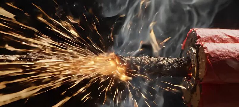Intense Burning Dynamite Fuse with Bright Sparks and Smoke Close Up