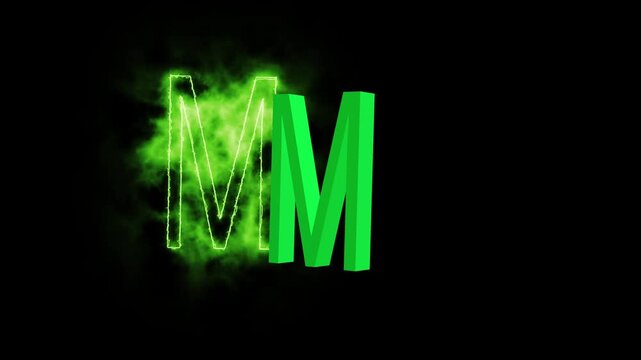 Green letter m with energy flames. Green letter m abstract digital symbol. Green letter m technology and power graphic on black background for design.