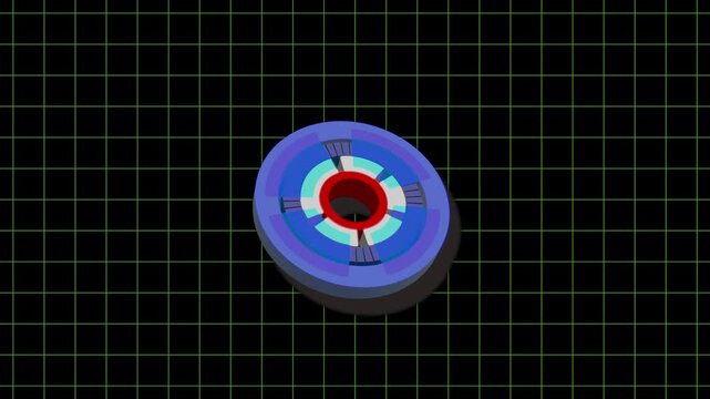Circular device animation with internal components. Circular device digital isometric technology. Circular device futuristic hardware graphic on green grid background.