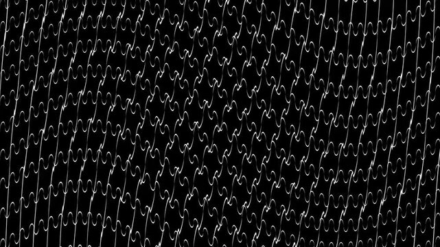 Puzzle pieces animation with interlocking white shapes. Puzzle pieces abstract digital pattern. Puzzle pieces problem solving and teamwork graphic on black background.