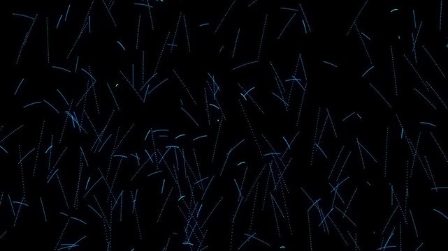 Scattered dashed lines and arcs in light blue. Scattered dashed lines abstract digital chaos. Scattered dashed lines modern motion background graphic on black.