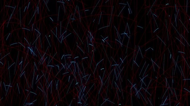 Intersecting red lines and blue dashed lines. Intersecting red lines abstract digital chaos. Intersecting red lines modern motion background graphic on black.