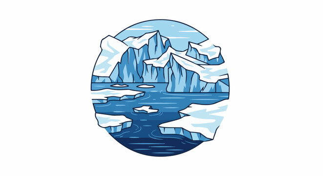 A cartoonish scene depicts floating ice floes and glacial formations