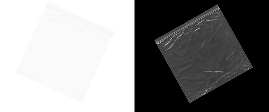 Transparent plastic texture overlay on black background, wrinkled polyethylene film wrap, clear synthetic material with realistic creases and highlights