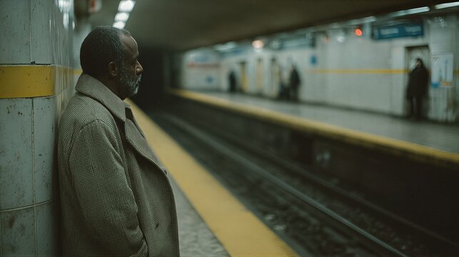African American man leaning against subway wall waiting for train. Urban commuter in coat at underground platform. City life and public transportation solitude concept.