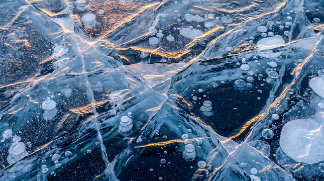 Frozen ice with air bubbles and cracks on surface at sunset or sunrise