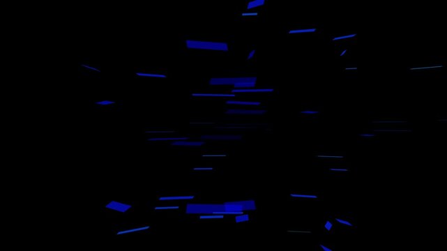Blue rectangles and squares falling on black. Blue rectangles and squares abstract geometric shapes. Blue rectangles and squares modern motion background on black.