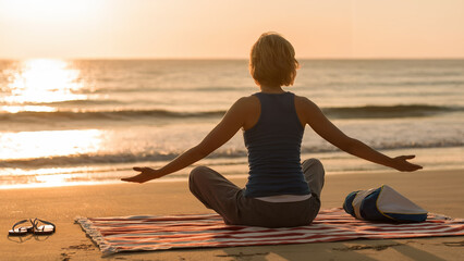 Fototapeta premium Woman meditating on beach at sunset with ocean waves for calm yoga and mindfulness