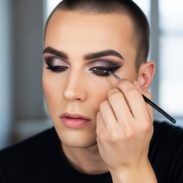 Young man applying dramatic eye makeup with precision, creating a bold and artistic look.