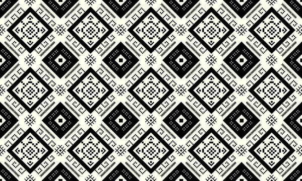 Seamless Black and White Geometric Ethnic Pattern with Traditional Tribal Diamond Motifs for Textile Design