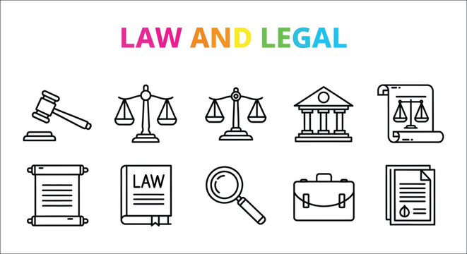 Legal Icons Set Black Line Art On White Background