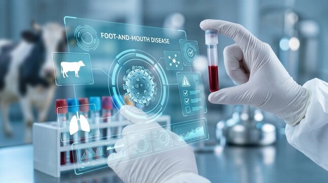 Gloved hand holds a test tube with red liquid while interacting with a futuristic digital screen displaying information about foot and mouth disease in livestock.
