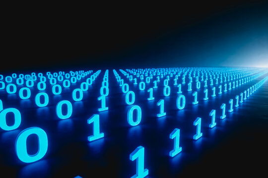 Glowing blue binary digits (0 and 1) arranged in receding rows on a dark surface, representing digital data and technology.