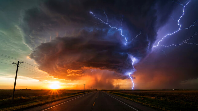 Dramatic stormy landscape with lightning on a deserted road at sunset