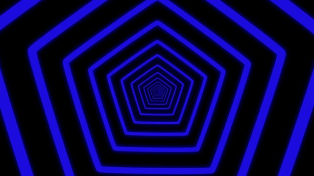 Abstract 3d neon blue pentagon tunnel on black background, glowing geometric lines creating depth and motion, futuristic sci-fi cyberspace portal concept.