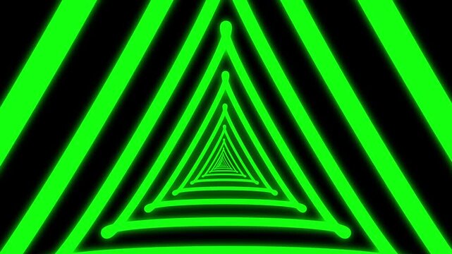 Abstract neon green triangular tunnel with glowing lines receding into a dark background, creating a futuristic geometric perspective and motion effect.