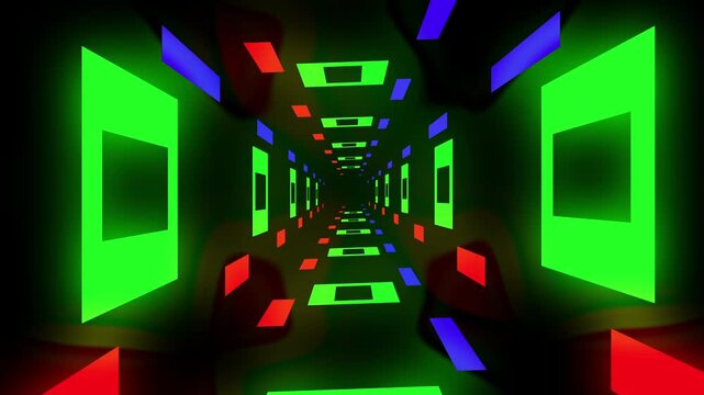 Abstract 3d neon tunnel corridor with glowing geometric rectangles in green, red and blue, symmetrical perspective and vanishing point, futuristic sci-fi background.