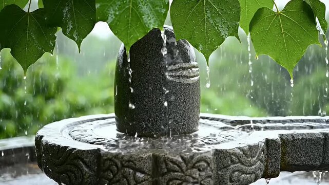 Sacred Stone Shivling Under a Peepal Tree for Hariyali Amavasya Festival with Raindrops Dripping from Vibrant Green Leaves in Monsoons