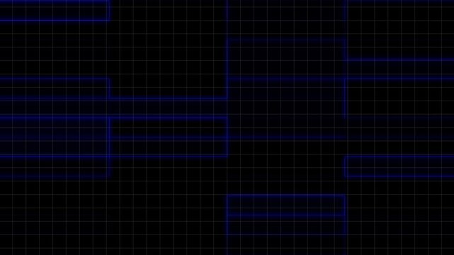 Abstract futuristic technology background with glowing blue neon rectangular circuit lines on dark grid, minimal digital interface pattern with copy space.