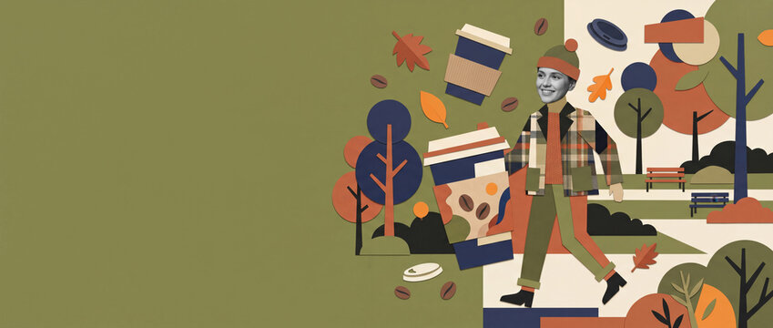 Smiling youth walking in an autumn park with a large takeaway coffee cup, stylized trees and falling leaves paper collage on a green background