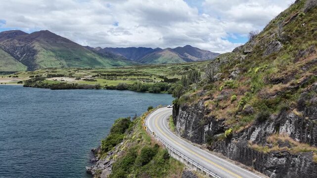 Aerial View of Lake Wanaka and Scenic Mountain Road in Otago New Zealand