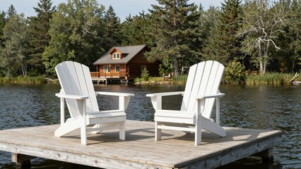 Fototapeta premium Two white Adirondack chairs on a wooden dock overlooking a serene lake with a log cabin in the background.