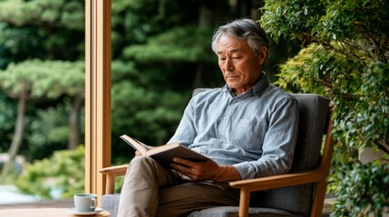 Fototapeta premium Elderly man reading a book in a cozy chair near a window with a view of greenery in the afternoon