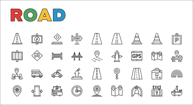 Road Sign Icons Black Line Art On White Background