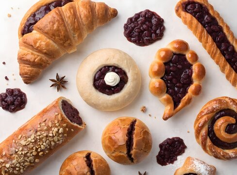 Assorted Creative Red Bean Bakery Collection Displayed in Premium Flat Lay