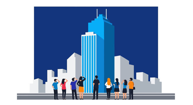 People standing in front skyscraper.