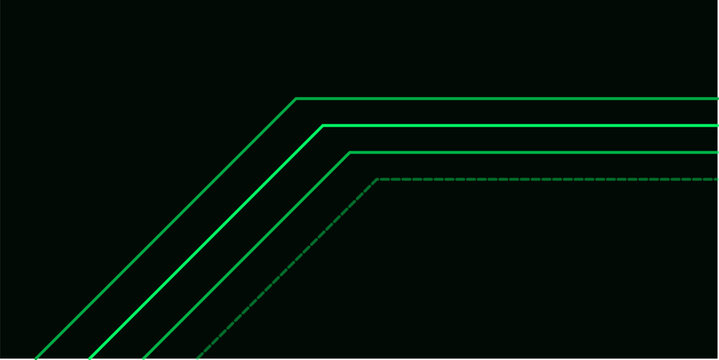 Parallel green lines and dashed line at an angle on black background.