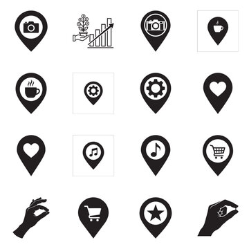Set of 16 minimalist black travel, location, and activity icons in circular and teardrop shapes on clean white background