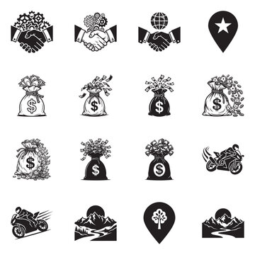 Flat design vector icons depicting wealth, savings, investments, and financial symbols in monochrome style