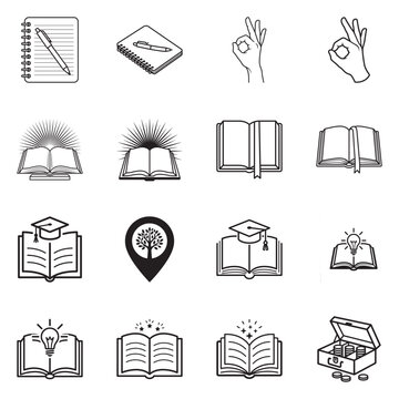 Collection of simple line art icons representing education, knowledge, ideas, and learning.