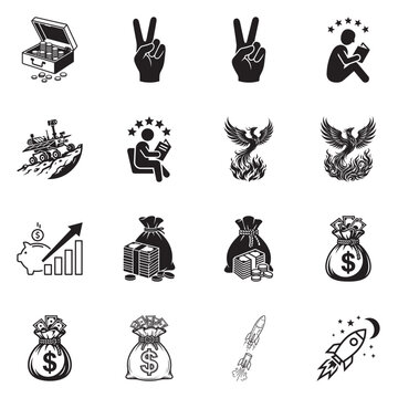 Collection of black and white icons representing finance, success, and abstract concepts like victory and growth.