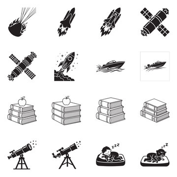 A collection of black and white icons featuring space-related objects