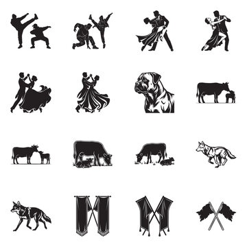 Collection of black silhouette icons featuring people, animals, and symbols on white background