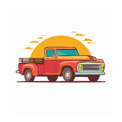 Fototapeta premium Vintage red pickup truck illustration at sunset