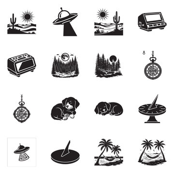 Collection of minimalist line art holiday icons featuring winter, travel, and festive decorations in monochrome style