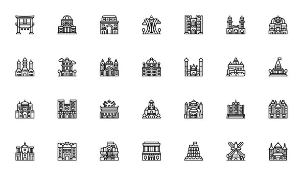 Landmark icon pack. Minimal thin line web icons set. Vector illustration. Famous world landmarks collection. Featuring Torii gate, Pantheon, Arch of triumph, Monument of the martyr, Cathedral, Taza pi