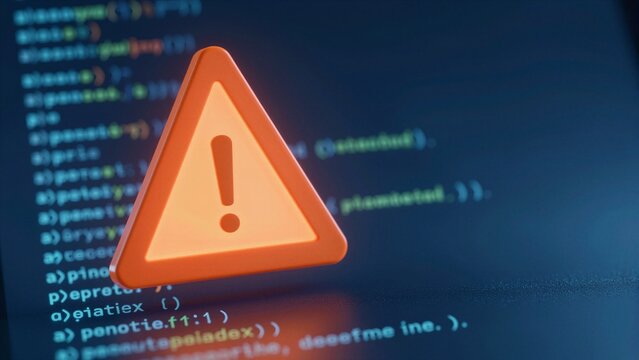 A glowing orange warning triangle with an exclamation mark in front of a blurred background of computer code, indicating a cybersecurity threat or system error.